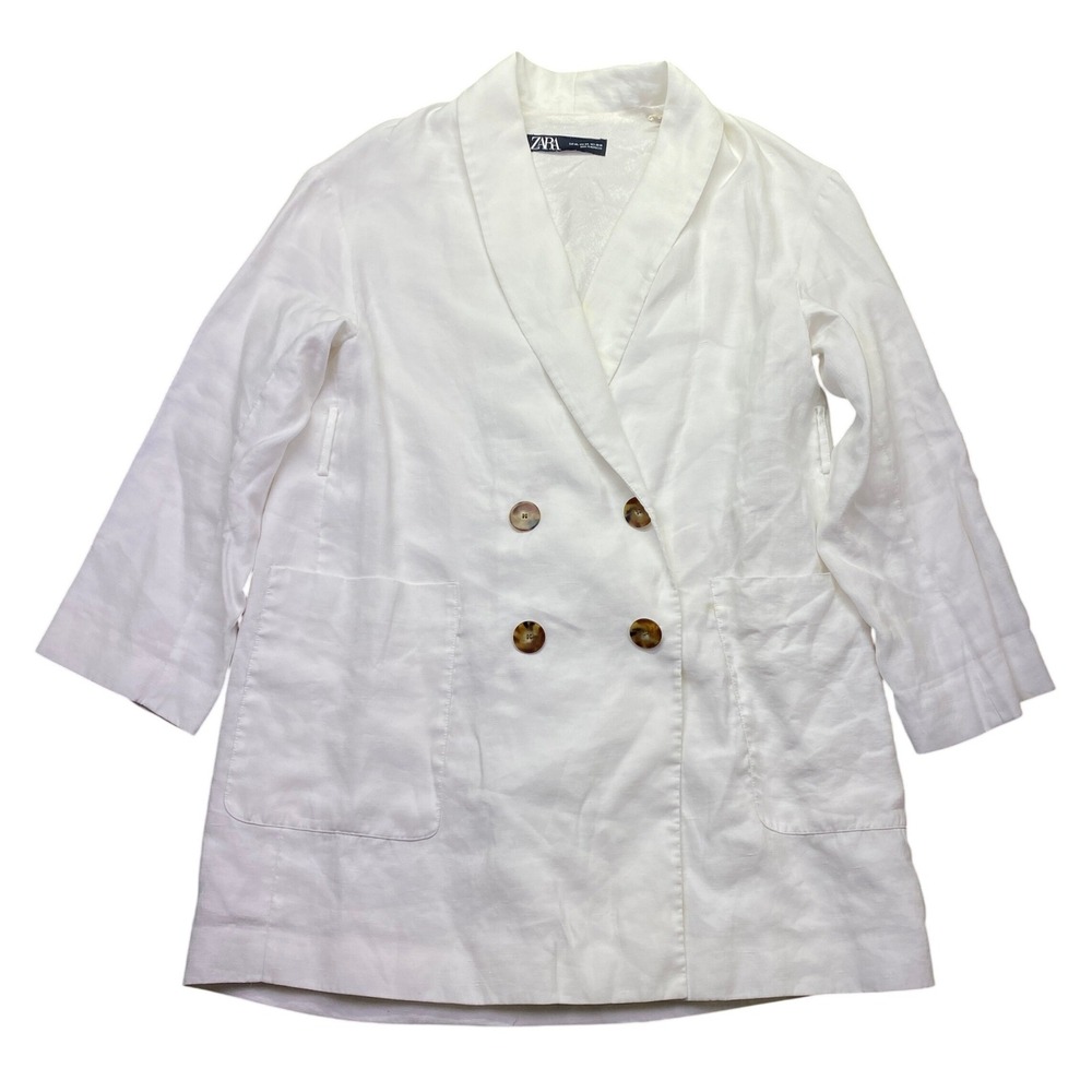 Zara White Linen Blend Double Breasted Blazer Jacket Womens Size M-L 2421/722